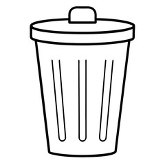 Illustration of a simple black and white trash can with a lid and vertical lines on its side design