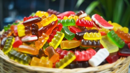 Colorful gummy candy assortment in a rustic basket brings sweet joy for dessert lovers
