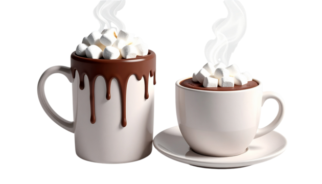 3D Hot Chocolate with Marshmallows Bundle, Two Variations, Isolated on Transparent Background