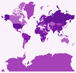 Obraz premium Map of World. Just a simple border map with country division. Purple color palette. Blank map with administrative division. Vector illustration.