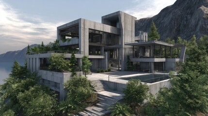 modern cliffside house overlooking the ocean, sharp geometric design, large glass balconies, highly detailed 