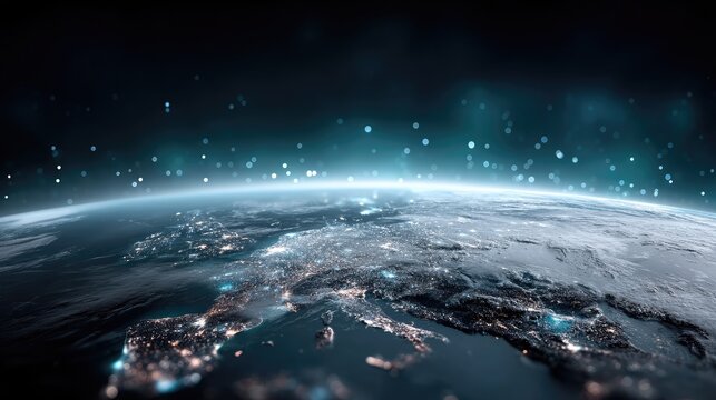 Glowing Planet Earth Globe with Futuristic Background in Deep Space Blue Spherical Planet View from Space with City Lights and Starry Sky