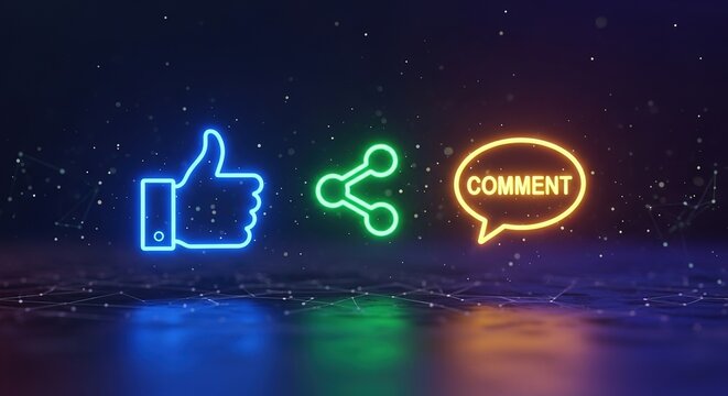 Social Media Icons: Like, Share, Comment neon glowing digital communication network connection internet online feedback symbol