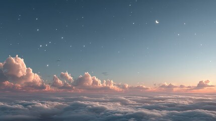 Glowing Starry Night Sky Above Soft Clouds in Evening Light