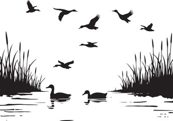 Fototapeta premium Black silhouette ducks flying and swimming in water with reeds