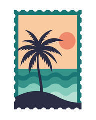 Vector art of palm tree on a tropical island at sunset in a postage stamp design, vector illustration