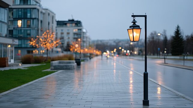 Glowing Street Lamp at Dusk in Modern City Reflecting on Wet Pavement with Illuminated Trees and Contemporary Architecture Under Overcast Sky