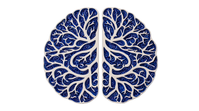 Artistic brain illustration with intricate blue pattern on transparent background - Powered by Adobe
