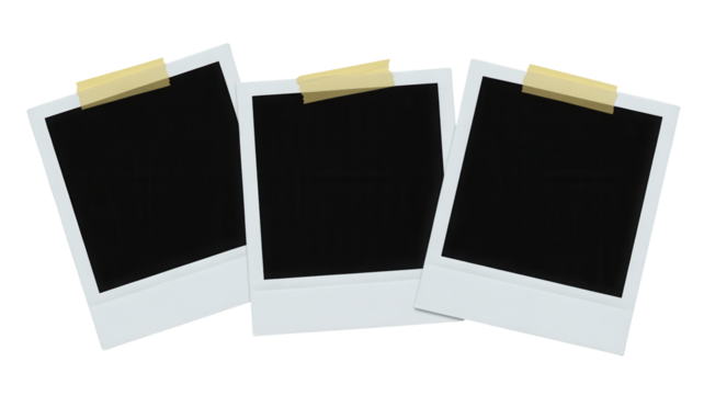 Three blank vintage instant film photo frames taped to a black background with copy space for text and images