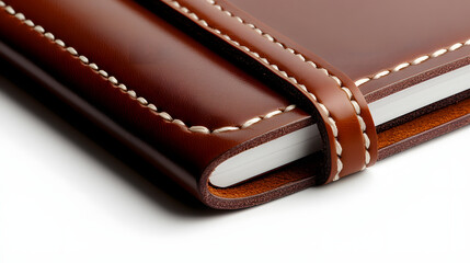 Leather notebook brown stitch minimal closeup premium journal cover strap mockup Elegant brown leather notebook with contrast stitch detail, minimal closeup of premium journal cover and strap