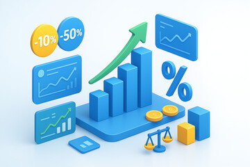 Business graph with percentage, shopping discount and tax adjustment concept, interest rate changes to fight inflation, investment return, and retail sales growth strategy.
