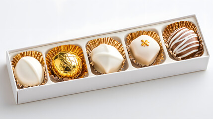 Elegant chocolate white truffle gold foil gift box confection gourmet dessert sweet luxury minimal