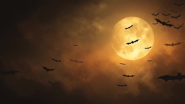 Bats flying in front of a full moon with dramatic clouds.