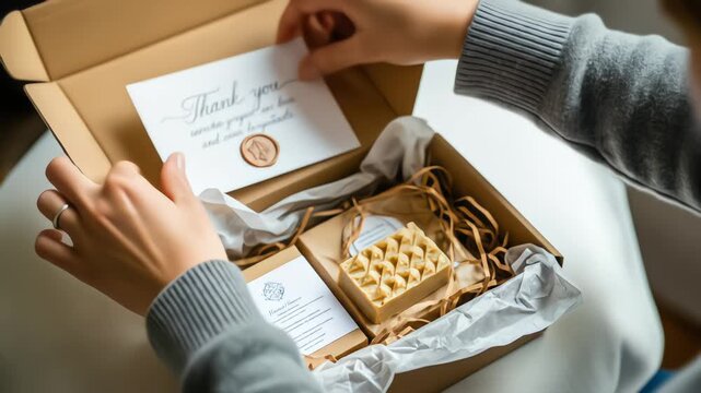 A person unboxes a thoughtfully curated gift box with handmade soap and an elegant thank you card