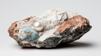 Obraz premium Stunning mineral specimen featuring large turquoise gemstone and lustrous pearl nestled among white crystalline formations. contrast of colors and textures creates captivating visual appeal