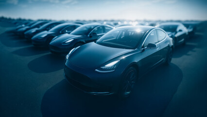 Obraz premium An organized array of sleek, modern vehicles, their metallic surfaces glistening in the ambient light, suggesting a sense of collective transport.