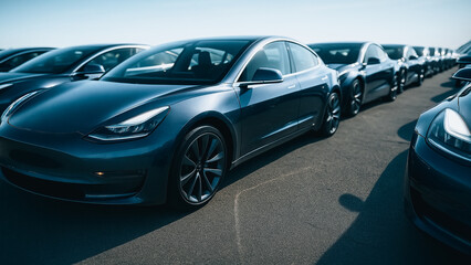 A fleet of sleek, electric cars lines up under a bright sky. The automobiles gleam, symbolizing technological innovation and eco-friendly transport.