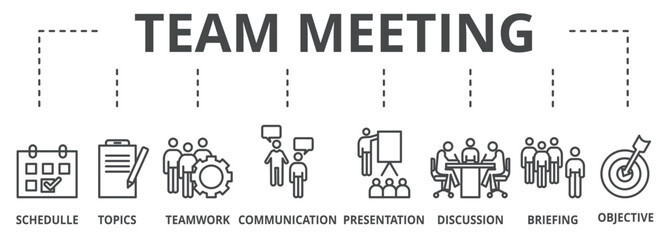 Team meeting and briefing concept. Keywords and editable thin line vector icons two-tone