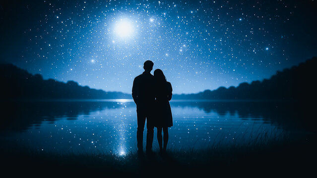 A silhouette of a couple stands in a tranquil location, gazing at a breathtaking night sky filled with twinkling stars. Reflecting the celestial display, the serene waters create a mirror-like effect. - Powered by Adobe