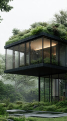 Fototapeta premium Futuristic eco home features green rooftop, large glass windows, and modern design, surrounded by lush greenery and serene landscape, creating peaceful atmosphere