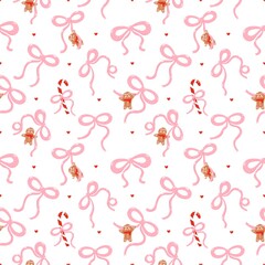 Coquette Christmas Pattern, Gingerbread with Bows Seamless Festive Wallpaper Texture, Cute Christmas Cookies Background
