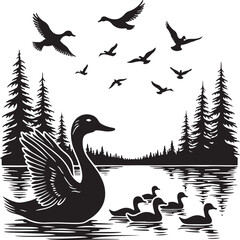 Black silhouette of ducks swimming on water with flying birds and pine trees