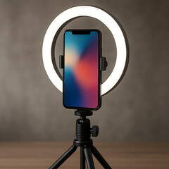Modern content creation essentials an illuminated LED ring light encircling a smartphone mounted on a tripod, providing ideal lighting for videos, live streams, and photos