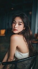 Serene Portrait: A captivating woman radiates natural beauty and composure, her gaze drawing you into a moment of introspective calm.