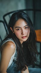 Intimate Portrait: A portrait of a beautiful woman, her gaze captivates with a blend of serenity and profound thought, capturing a moment of quiet contemplation.