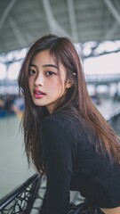 Portrait of a Young Lady: An elegant young woman with long, flowing hair, captivated by a natural and confident look. With a piercing gaze, this image radiates beauty and a sense of composure. 