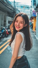 Street Smile: A radiant individual turns, offering a captivating smile amidst the charming alleyway backdrop. The scene embodies joyful moments.