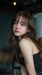 Elegant Portrait: A young woman with long flowing hair is captured in a close-up portrait. Her gaze meets the viewer's directly, her expression a mix of confidence and subtle allure. 