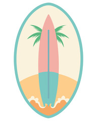 Vector art of retro surf badge with surfboard, palm tree, beach, and wave for summer vibes design