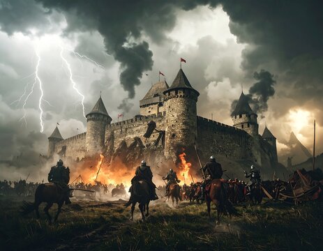 Medieval Castle Siege Under a Stormy Sky with Fire