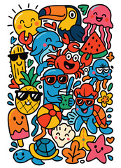 Smiling sun toucan jellyfish dolphin crab watermelon pineapple turtle beach ball popsicle