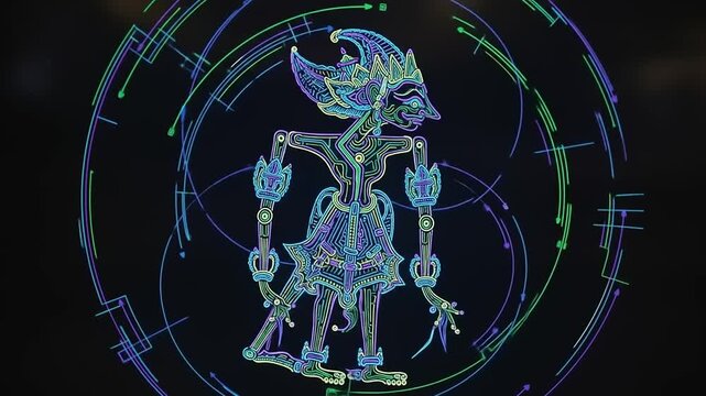 Wayang Kulit Digital Puppet Show with Futuristic Neon Glow and Intricate Details.