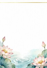 Elegant Watercolor Illustration of Pink Lotus Flowers on a Calm Pond with Gold Border