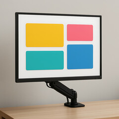 Modern workspace featuring an adjustable monitor arm, displaying colorful abstract blocks on screen, enhancing productivity and digital organization in a contemporary office setting