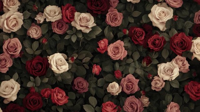 Vintage floral pattern of roses in various shades of red, pink, and cream, with dark green leaves