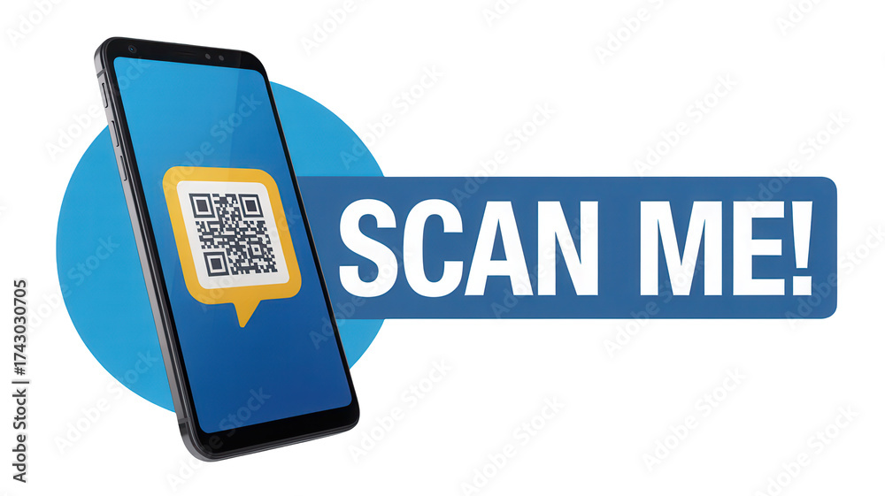 Wall mural modern smartphone displaying a qr code with a prominent scan me text overlay on a blue circle