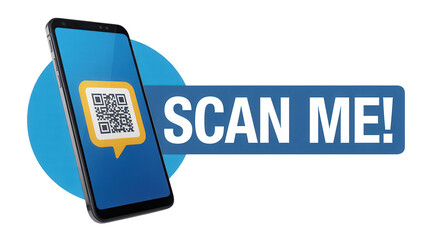 Modern smartphone displaying a qr code with a prominent scan me text overlay on a blue circle