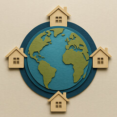 Real Estate Concept Houses Surrounding a Globe, Symbolizing Global Property and Housing Markets