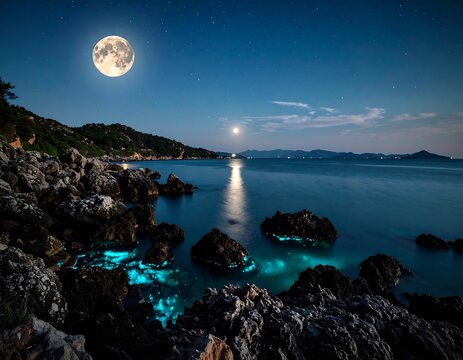 Moonlit rocky coast with glowing blue water