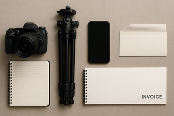 Photographer's Tools Camera, Tripod, Phone, Notebook & Invoice Ready for a Shoot