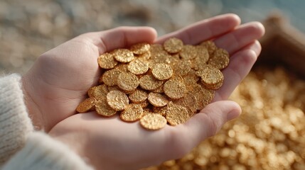 Golden Coins Held in Human Hands in Bright Daylight Macro Shot