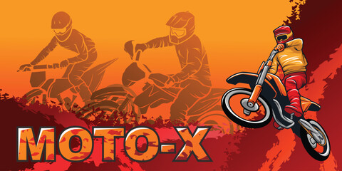 Motocross Bike Sport Poster Background with Racer in Dynamic Motion and Silhouette Grunge Style