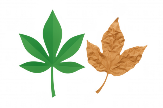 Green and brown paper leaves showing seasons, autumn, growth, and natural life cycles, transparent background - Powered by Adobe