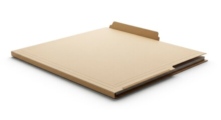 A beige cardboard file folder with internal papers featuring an upper tab and embossed border rests on a white surface