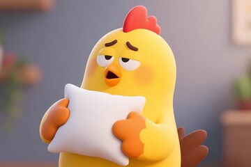 3d cartoon sleepy yellow chicken is carrying a pillow