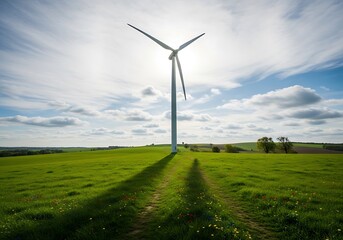 Wind Turbine in Green Field Landscape.